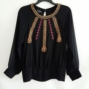 Bebe Long Sleeve Beadwork Design Black Top